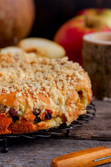 Homemade pie with raisins and strawberry, selective focus