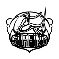 Monochrome logo, emblem, girl surfer. Surfing on the waves, the beach, weekend, extreme sport. Vector illustration.