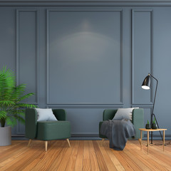 vintage  interior room , Contemporary furniture,luxury decor,green chair  black lamp on wood flooring and dark gray frame wall /3d render