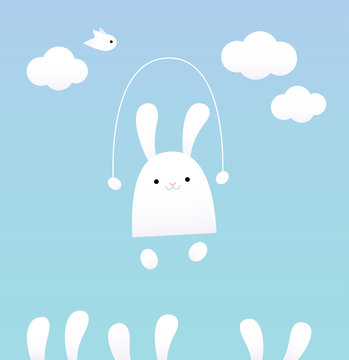 Vector illustration of a white baby bunny with skipping rope. Blue sky, clouds and bird on the background. Pastel colors.