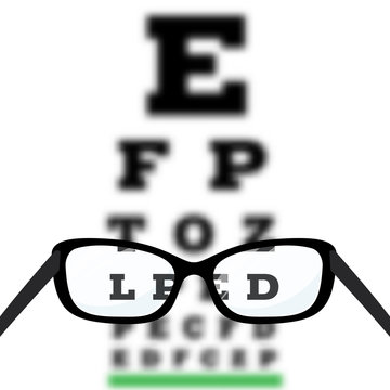 Eye Vision Test, Poor Eyesight Myopia Diagnostic On Snellen Eye Test Chart. Vision Correction With Glasses. Vector.