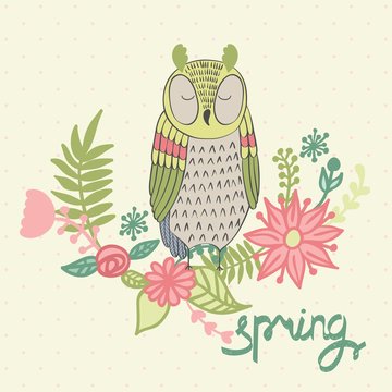 Spring. Greeting card with funny owl in vector.