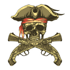 Pirate skull and vintage pistols. Vector illustration