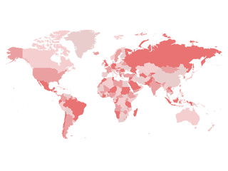 World map in four shades of pink on white background. High detail blank political map. Vector illustration with labeled compound path of each country.