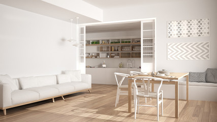 Minimalist kitchen and living room with sofa, table and chairs, white modern interior design
