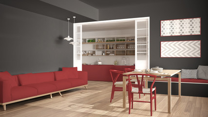 Minimalist kitchen and living room with sofa, table and chairs, gray and red modern interior design