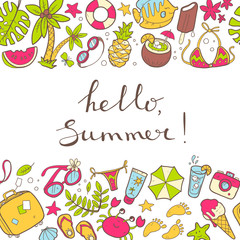 Vector cute doodle horizontal bacground Hello summer. The sea, t