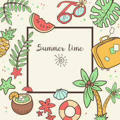 Vector cute doodle background Summer time. Square frame with pal