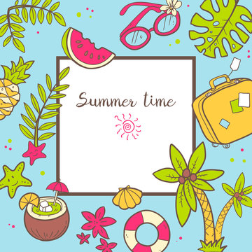Vector cute doodle background Summer time. Square frame with pal