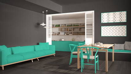 Minimalist kitchen and living room with sofa, table and chairs, gray and turquoise modern interior design