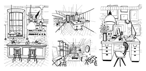 Modern rooms interiors in loft style. Set of hand drawn sketch illustration. © Good Studio