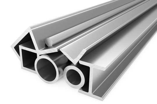 Shiny rolled steel metal products on white