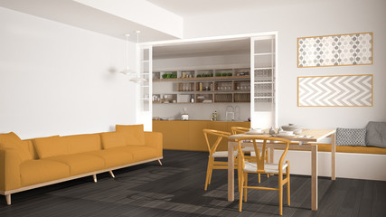 Minimalist kitchen and living room with sofa, table and chairs, white and yellow modern interior design