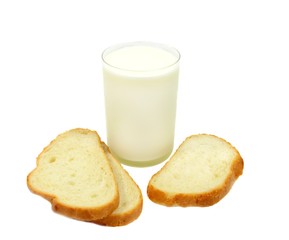 Cold milk in tall glass with three pieces of white bread on white background