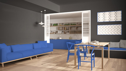 Minimalist kitchen and living room with sofa, table and chairs, gray and blue navy modern interior design