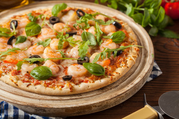 Pizza with shrimps.