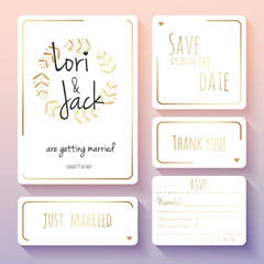 Wedding invitation card set. Thank you, save the date, RSVP, just married.