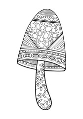 Ornamental mushroom. Black and white illustration for coloring book. Forest flora