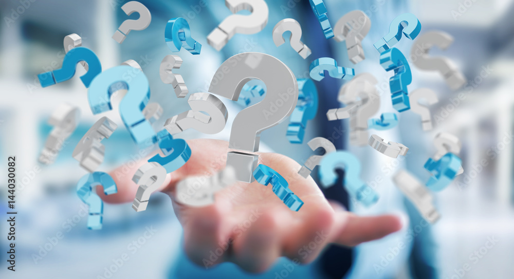 Poster businessman using 3d rendering question marks