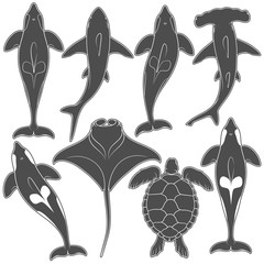 Set of images with marine animals. Vector black and white isolated objects on white background. - obrazy, fototapety, plakaty