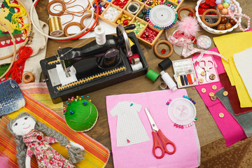 Obraz premium sewing accessories top view, seamstress workplace, many object for needlework, embroidery, handmade and handicraft