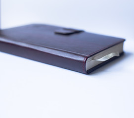 Office stuff with leather notebook. view with copy space. Office stuff with gadget. Working Office stuff concept. Mockup office stuff.