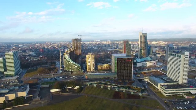 Aerial view of the skyscrapers in downtown of Vilnius at evening time