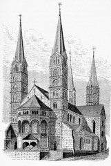 Antique engraving of Bamberger Dom St. Peter und St. Georg, Bamberg - Germany cathedral built in XIII century in Romanesque and Gothic style
