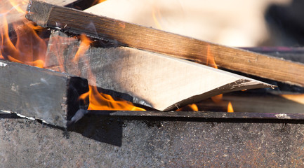 Firewood is burning in the grill