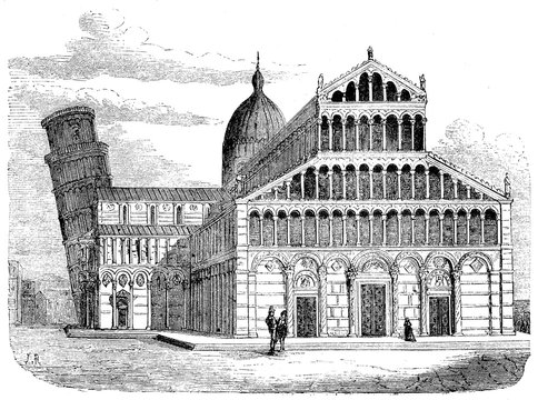 Vintage engraving of Pisa cathedral with the leaning tower in the Piazza dei Miracoli in Pisa, Italy. built in XI century in Pisan Romanesque architecture