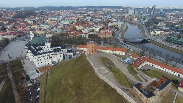 Aerial view of the Gediminas Tower in old town of Vilnius at spring time