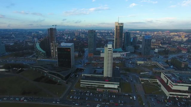 Aerial view of the skyscrapers in downtown of Vilnius at evening time