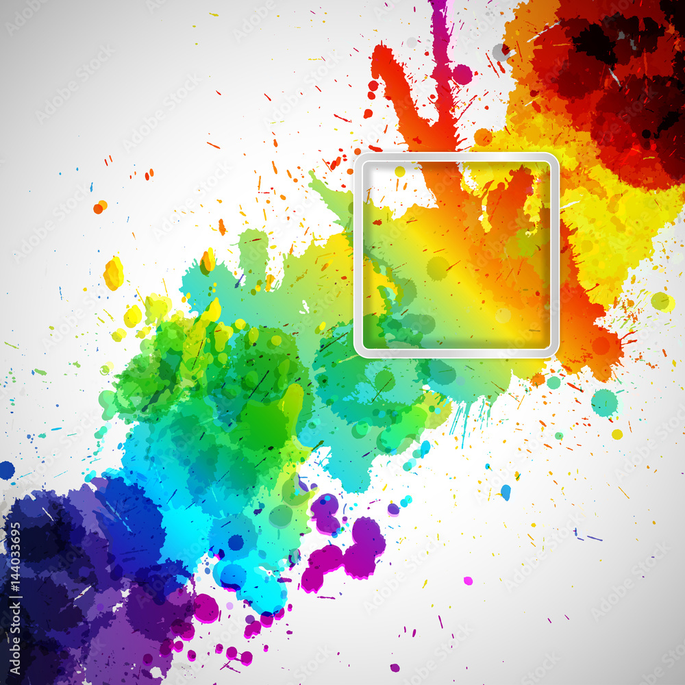 Poster abstract background with colorful paint stains and frame for your text, diagonal composition, design