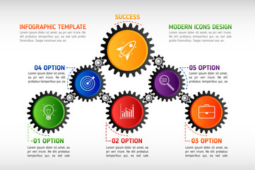 Abstract gears infographic. Mechanism with integrated gears and icons for business presentations or information banner. Modern design of background esp 10