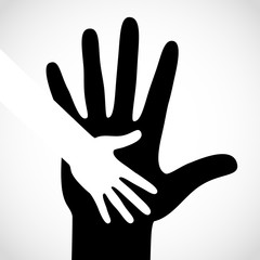 Fototapeta na wymiar Black color big hand and white small hand concept. Help symbol hands support emblem. Hands icon illustration. Education, health care, medical, design element.