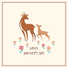 Happy Mother’s day greeting card in cartoon style with the image of cute animals and their cubs.