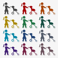 Mother with baby stroller icon - simple vector Illustration