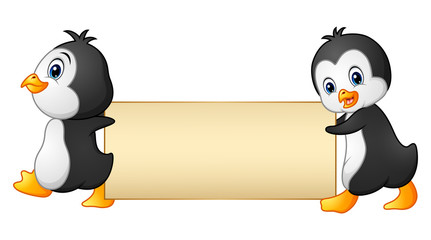 Two penguins cartoon holding a blank banner