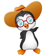 Cartoon penguin in summer straw hat