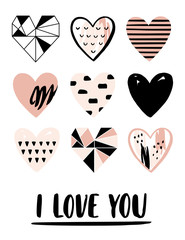 Valentines Day Greeting Card with different hearts and love lettering. 