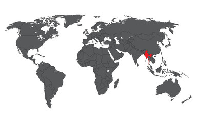 Fototapeta na wymiar Myanmar red on gray world map vector