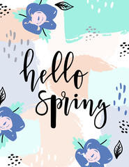 Vector trendy hand lettering poster ''hello spring''. Hand drawn calligraphy