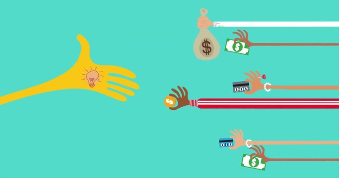 Crowdfunding and financial concept with many hands holding money to give their support to the idea hand.