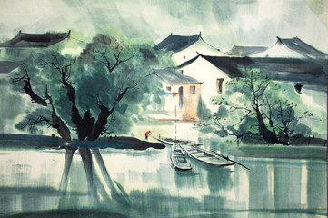 Chinese traditional painting of water house - 144036459