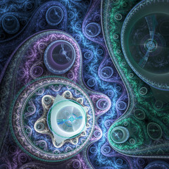 Fototapeta na wymiar Green and blue fractal machine, digital artwork for creative graphic design