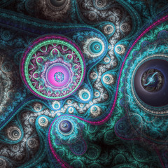Dark blue fractal clock, digital artwork for creative graphic design