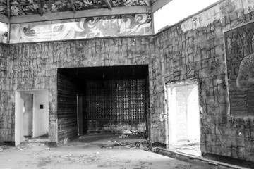 Fototapeta na wymiar Interior of abandoned restaurant. Black and white tone