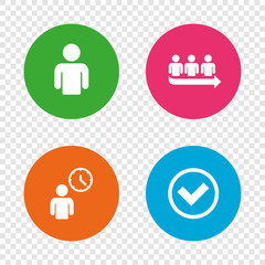 Queue icon. Person waiting sign. Check and time.