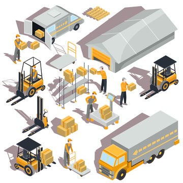 Set of vector logistic and delivery isometric icons with warehouse building, shelves, boxes, forklifts, trucks and workers are there