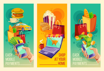 Three vector cartoon illustrations with devices for e-payments mobile phones, laptop. Vector vertical banners showing the ease and convenience of online payments